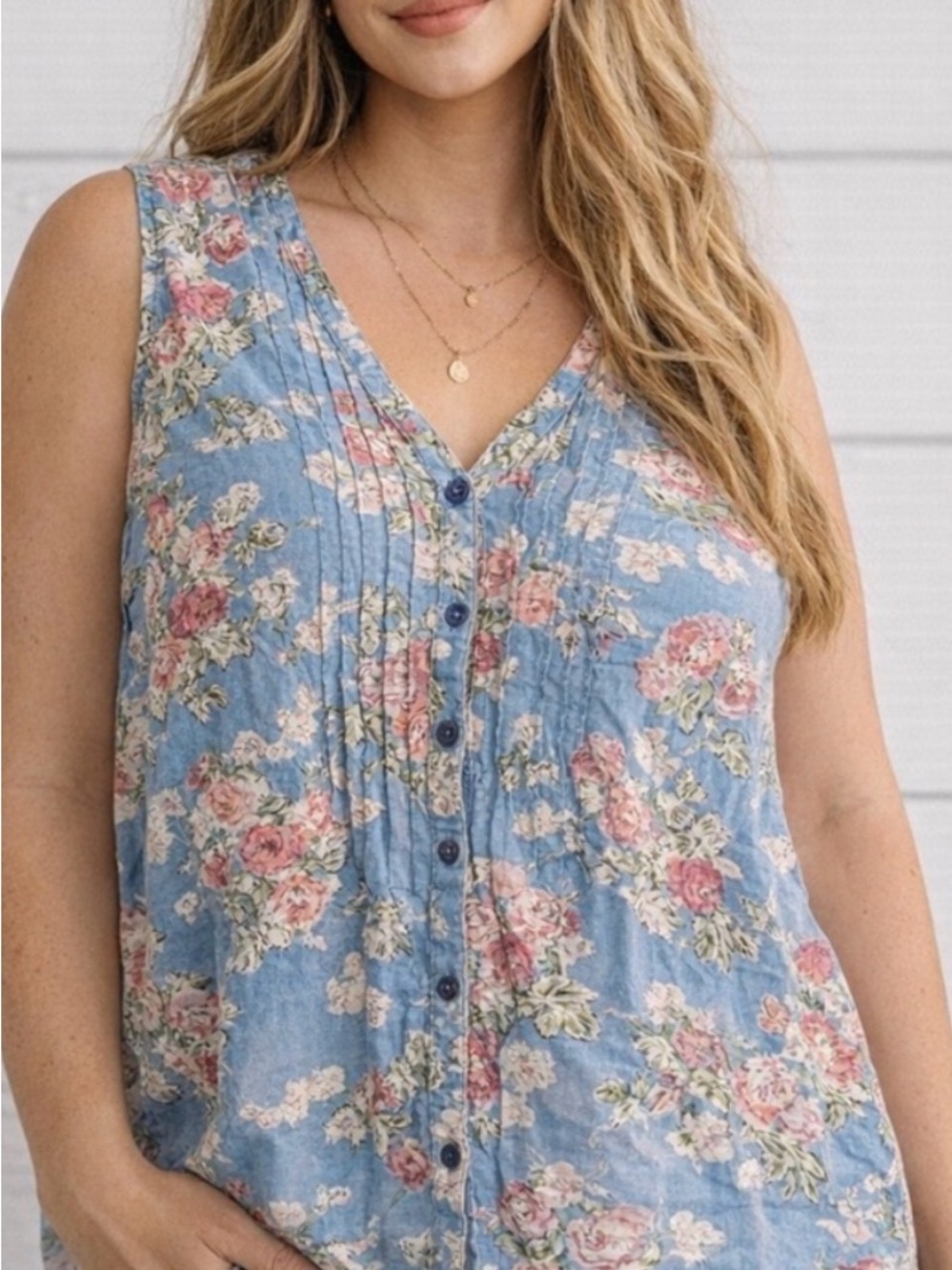 Penningtons Floral Sleeveless Blouse 3X Blue Cottagecore Boho Top Pintucked